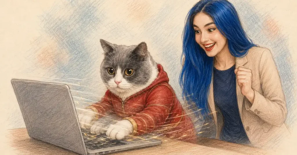 Mujer y gato sacando la firma electrónica en 5 minutos.