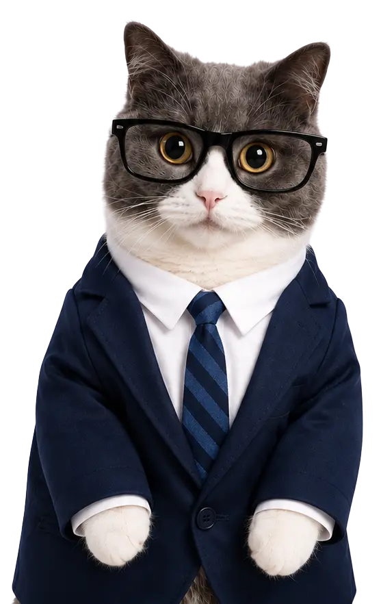 Gato elegante con traje y corbata, mascota de Firmas Electrónicas Ecuador